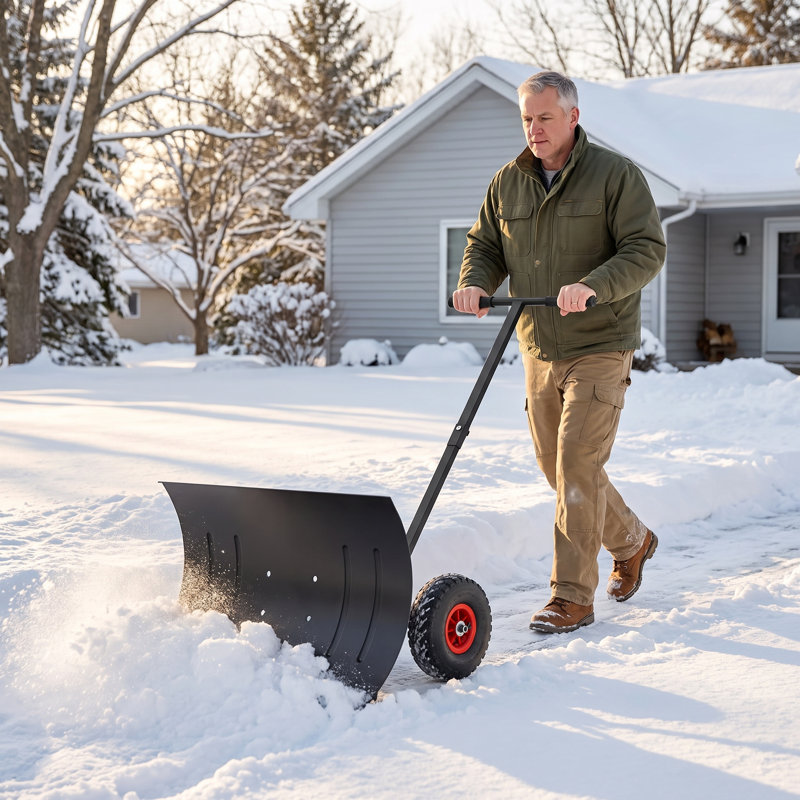 Snow Shovel Metal 73cm Wide with Wheels and 5 Levels Height Adjustable Handle Snow Pusher Snow Removel Tool for Small and Large Snow Quantities Winter
