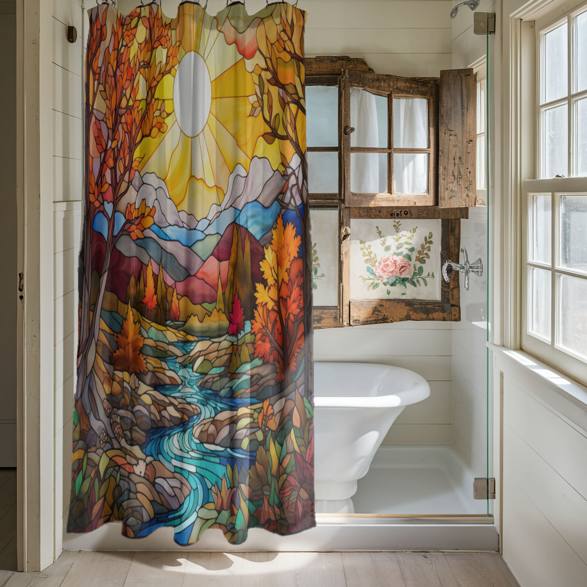 Stained Autumn Designs - 1 Piece Standard Shower Curtain East Urban Home Size: 74\, image size:2000x2000