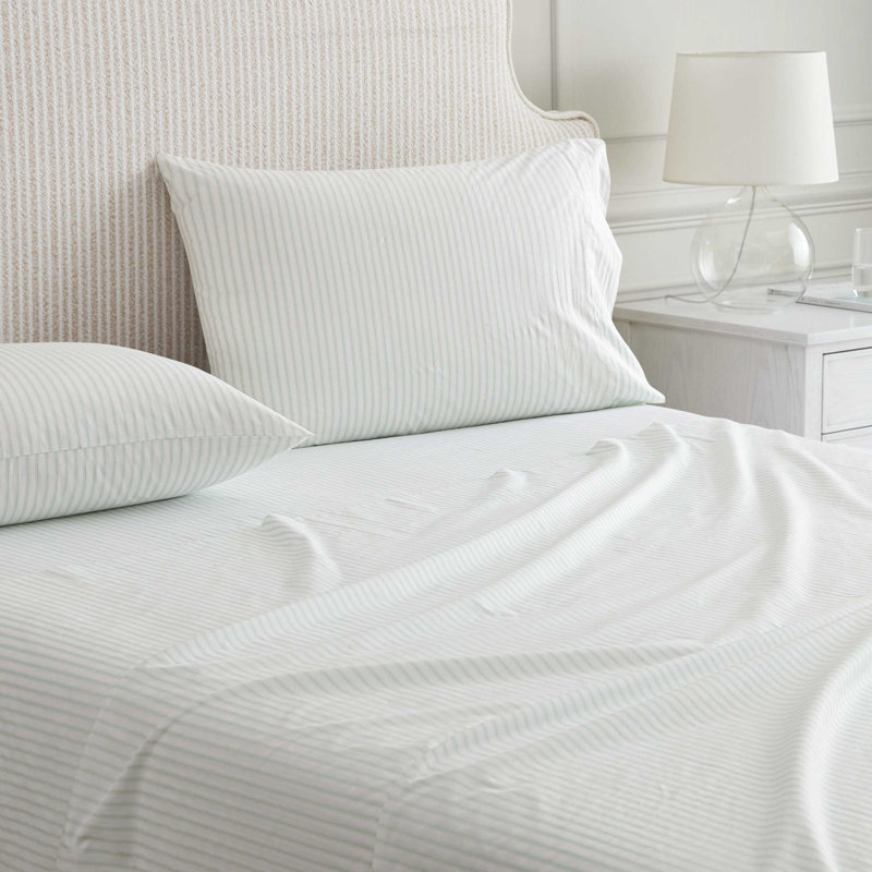 Martha Stewart Cotton Percale  Sheet Set, King Sheet Set with 2 Pillowcases, Ticking Stripe Green
