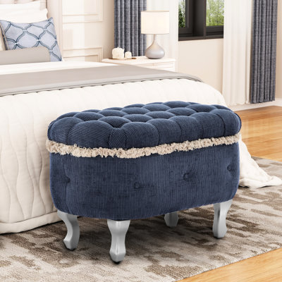 Banc de rangement bleu capitonné en tissu (75 cm), à franges et coussin en mousse confortable, idéal pour le pied de lit, la salle d'eau ou l'entrée de la chambre.