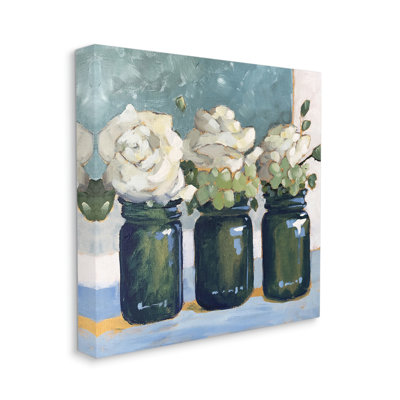 Au-708-Canvas White Roses Country Jars On Canvas by Sue Riger Painting -  Stupell Industries, au-708_cn_17x17
