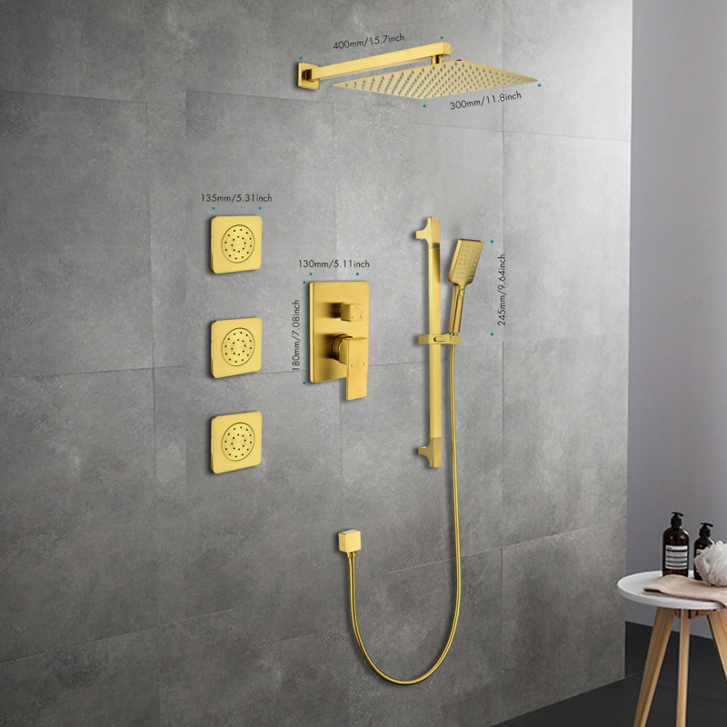 Shower System With Shower Head, Hand Shower, Slide Bar, Bodysprays, Shower Arm, Hose, Valve Trim, And Lever Handles, Gold