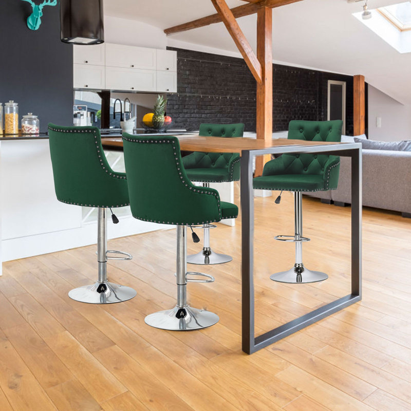 Edinburgh Swivel Velvet Adjustable Height Bar Stool with Steel Frame, Dark Green