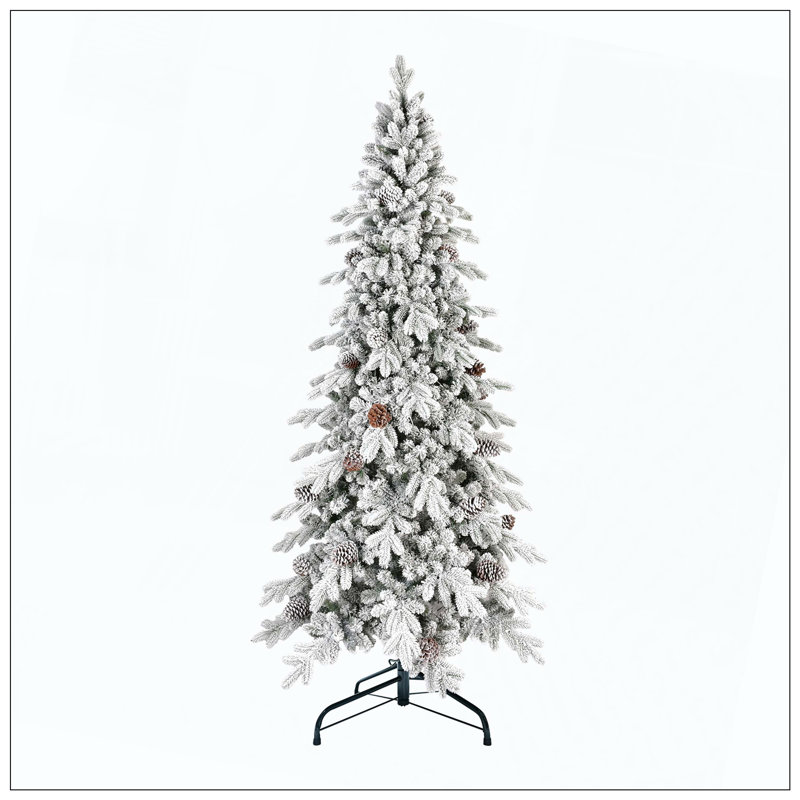 Arbre de Noël en flocage PE / PVC avec 44 pommes de pin naturelles - 1634 pointes, conception peu encombrante, branches articulées, support en métal stable, aspect enneigé réaliste