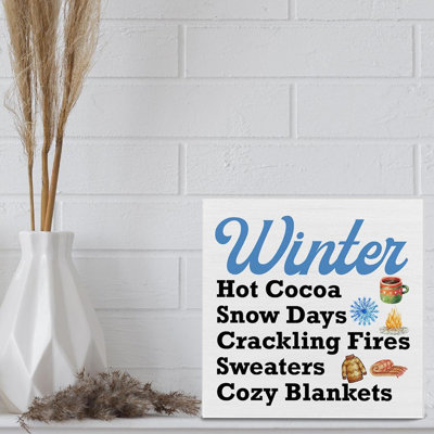 Signe de bloc d'hiver en bois - multicolore - chocolat chaud et couvertures, décoration de table ou de tablette pour la maison, le salon, la cuisine ou le bureau