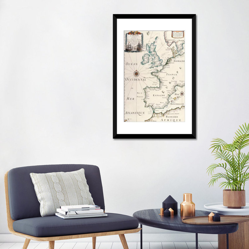 Ancienne carte de l'Europe de l'Ouest antique - Estampe numérique sur toile tendue avec châssis, H 32 po x l 24 po x P 1 po