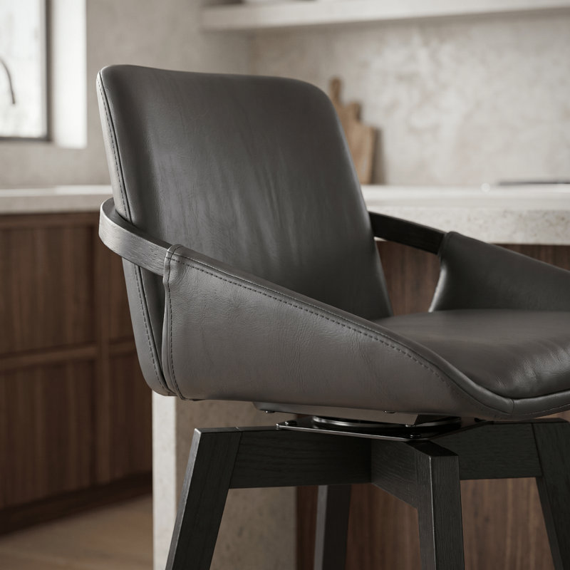 Allyssa Swivel Counter or Bar Height Bar Stool with Arms and Footrest in Faux Leather and Wood, Black, Grey Faux Leather