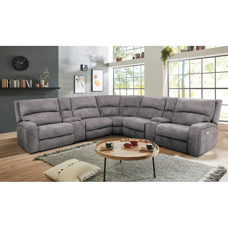 Drakos Upholstered Power Reclining Curved Sectional Symmetrical, Gray 100% Polyester