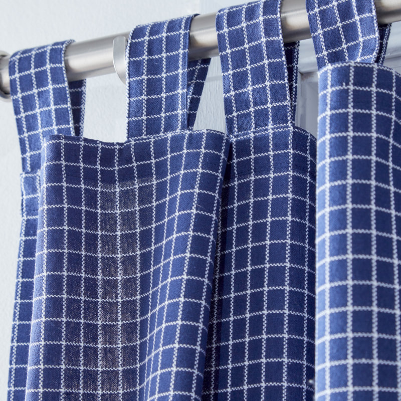 Mini Check Tabtop Light Filtering Deep Blue/White Curtain Panel Pair (Set of 2), 50" H x 108" W