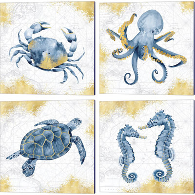 "Deep Blue Sea White Gold" par Tara Reed, art sur toile (ensemble de 4)