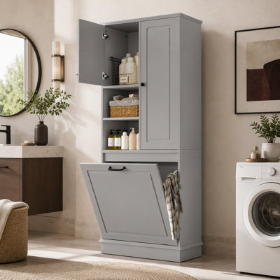 Tall Storage Cabinet with Adjustable Shelves, Flip-Out Basket, Enclosed Cabinets, MDF, Gray