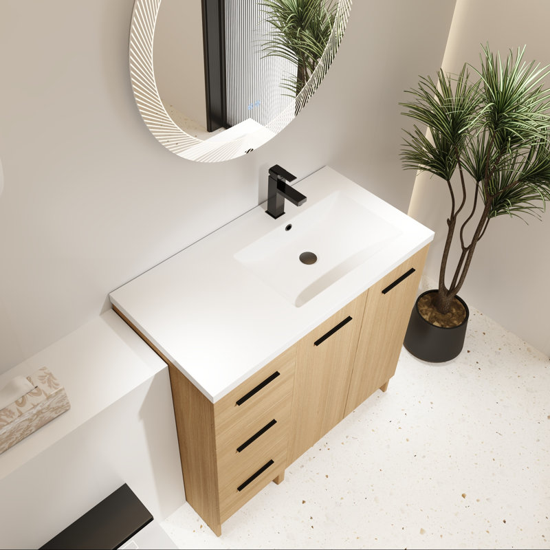 Meuble-lavabo sur pied 36 po, lavabo en résine, deux portes et trois tiroirs, Oui