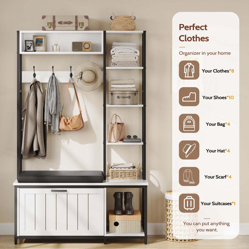 Portemanteau Hall Tree, portemanteau avec banc et rangement pour chaussures, meubles de rangement pour boue, Blanc/Noir