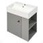 Meuble-lavabo flottant moderne avec lavabo en céramique, idéal pour les petites salles de bain et un rangement efficace du côté droit.