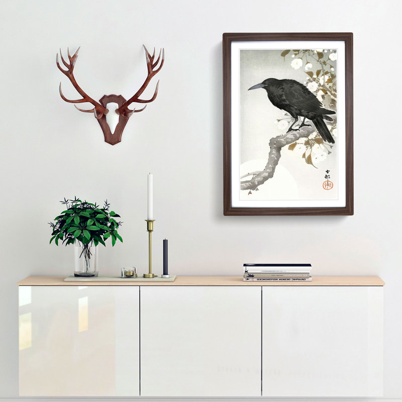 A Crow On The Blossom Tree by Ohara Koson - Single Picture Frame Painting, Walnut Framed, 45cm H x 33cm W x 2cm D