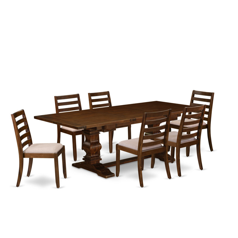 B0693860DE3949278B3E7642D0133A42 7-pc Kitchen Table set - a Removable leaf Table and 6 Light Tan Fabric stackable Chair, Antique Walnut Finish.