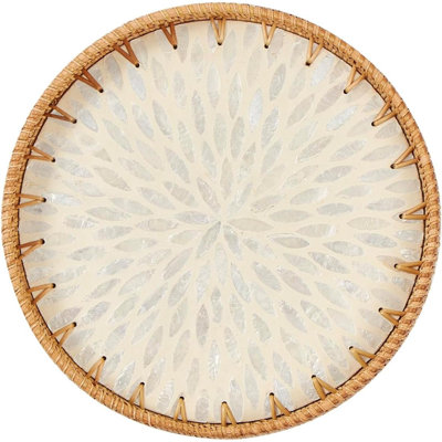 Round Rattan Tray With Mother Of Pearl Inlay, Rattan Serving Tray With Wooden Base, Decorative Wicker Basket For Table Decor, Storage And Display Of Coffee Bread Food Fruit (Leaf 2)