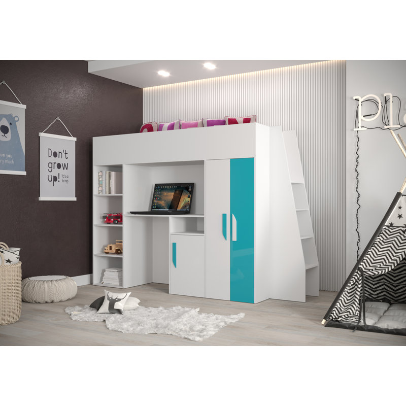 European Single (90 X 200 Cm) Loft Bed Panel, White/Turquoise
