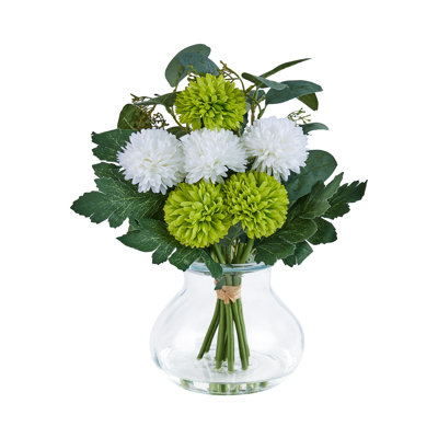 Barnette Elegant 13" Artificial White & Green Pompom Mum Arrangement In Glass Jar Vase With Faux Water - 15-Stem Lush Mixed Floral Centerpiece For Modern Minimalist Home & Office Decor