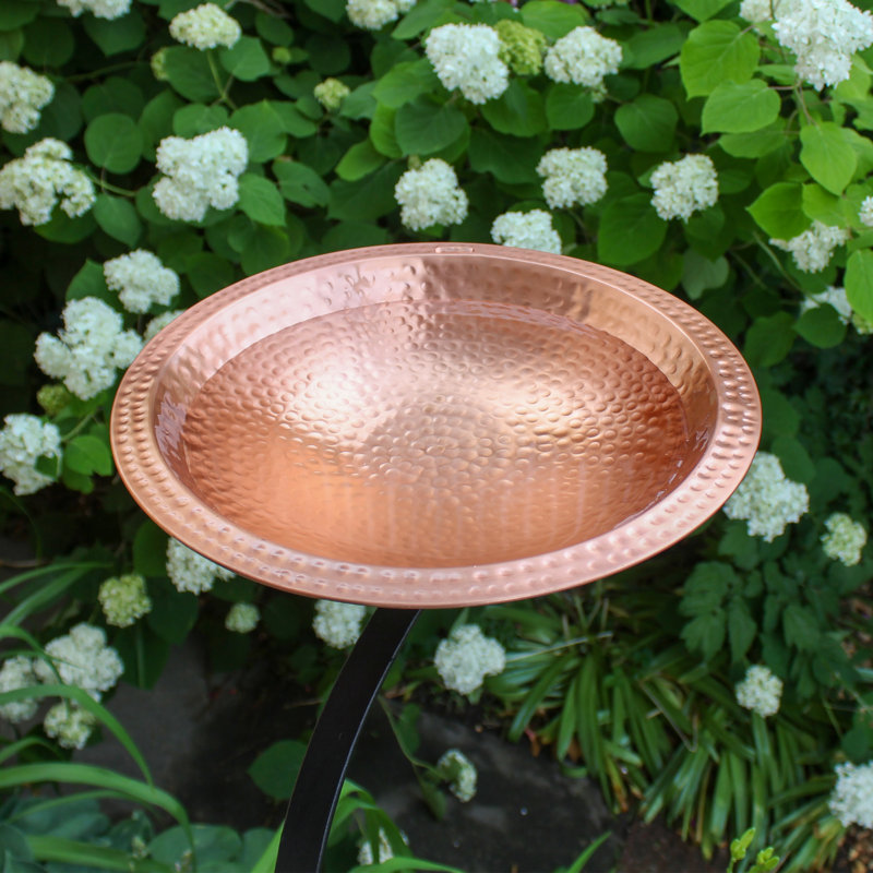 Hammered Copper Birdbath with Black Iron Rail Mount