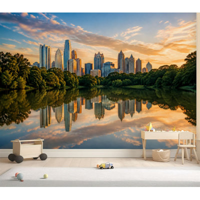 Wall Mural Peel and Stick Wallpaper Atlanta Skyline lake building Bay Water Self-Adhesive Removable Contact Paper Wall Decor for Living Room Bedroom 69"H x 96"W