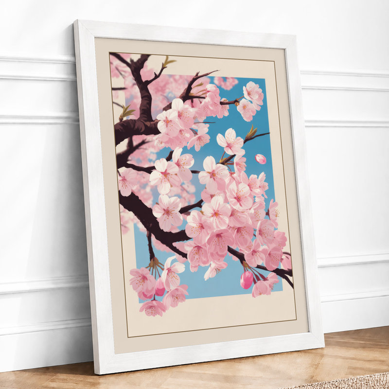 Cherry Blossom Branch Botanical - Framed Print, A4 - 29.7 x 21.0 cm, White