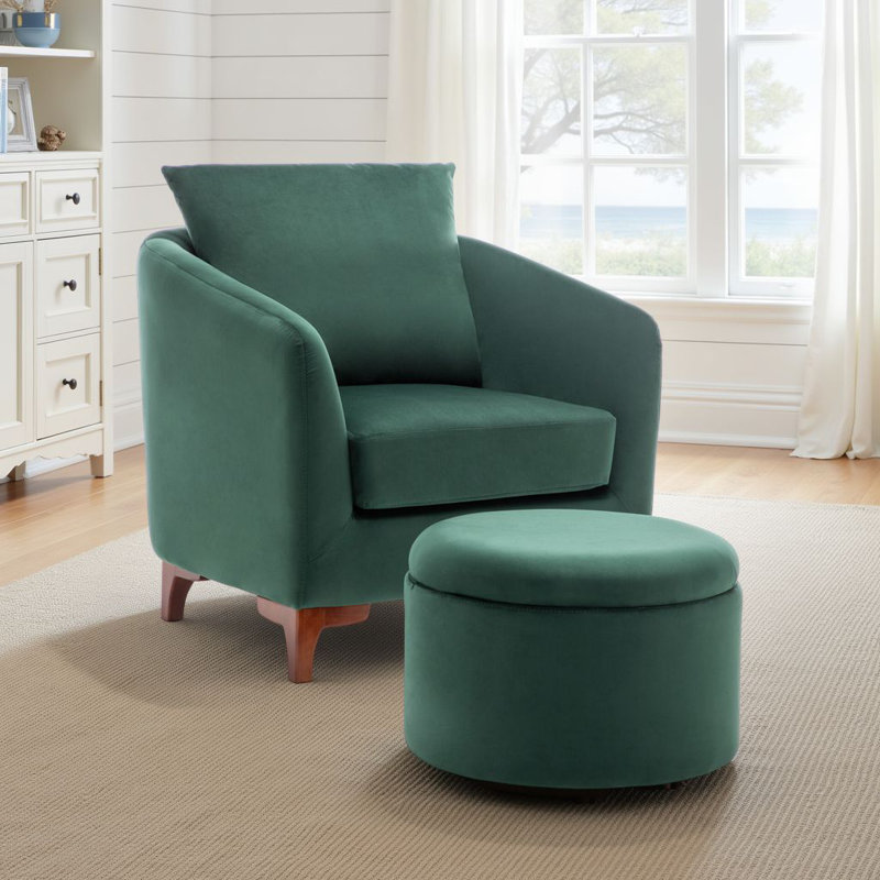 Upholstered Barrel Chair with Footstool,  Dark Green Velvet