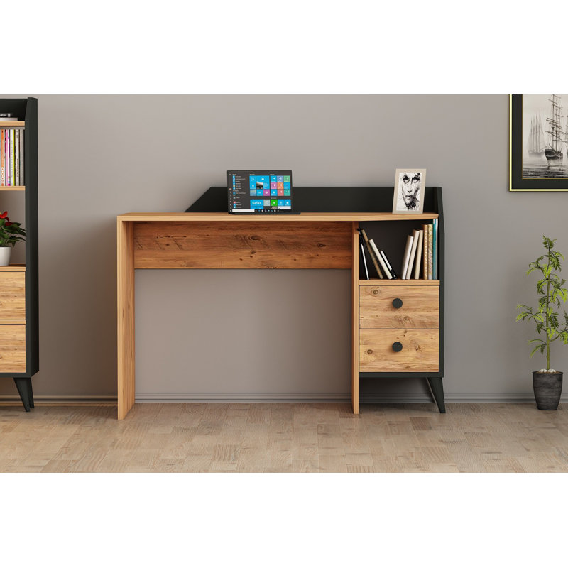 Modern Study Desk with Wall-Mount Option, Atlantic Pine & Black, 47.2 x 32.3 x 21.7 inches | 100% Melamine Coated Particle Board, Thickness: 0.7 inches | Numerous Shelves for Organization, Stylish & Functional Design