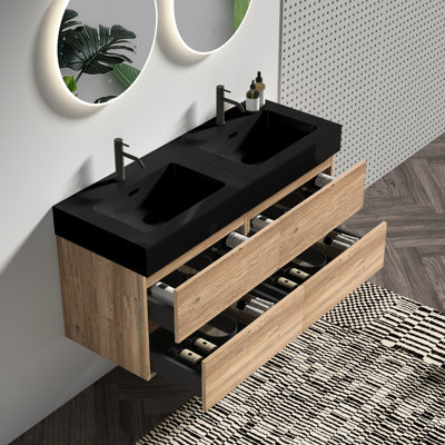 Meuble-lavabo suspendu, 122 cm (48 po), lavabo en quartz noir, tiroirs en chêne brut, style moderne du milieu du siècle, évacuation silencieuse en forme de U, panneaux latéraux en bois, poignée dissimulée.