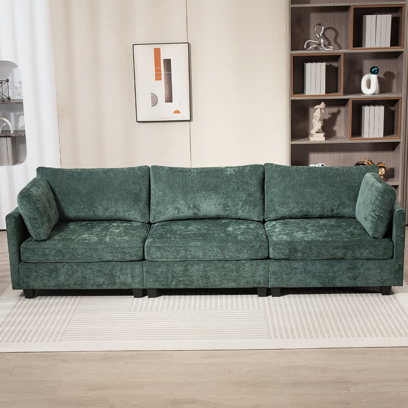 Canapé confortable en chenille à trois places avec poche latérale et coussins ultra-doux pour la détente, Vert foncé
