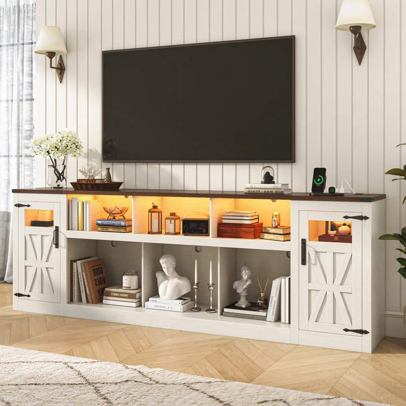 95" Farmhouse Tv Stand For Tvs Up To 100 Inch With Power Outlets, Large Media Console With Led Lights For Living Room, White