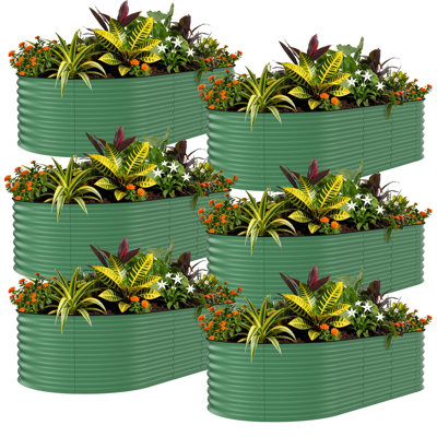 6 Piece Color Steel Oval Raised Garden Bed Green with Safety Edging for Outdoor Vegetable Flower and Herb Growing 240 by 60 by 45 cm