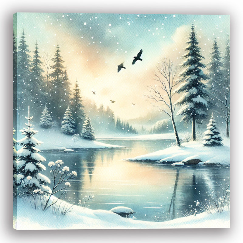 «Tranquil Winter's Eve: Snowy Landscape with Flying Oies», art sur toile, H 40 po x l 40 po