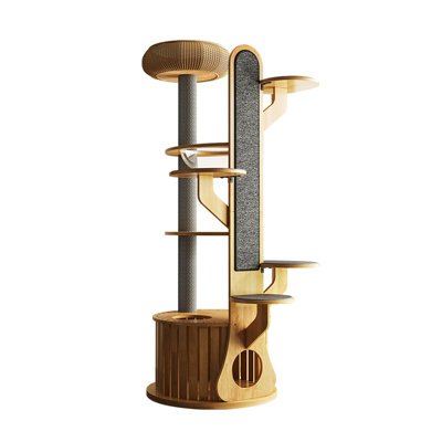 Multi-Level Rubberwood Cat Tower with Kraft Paper Scratching Post