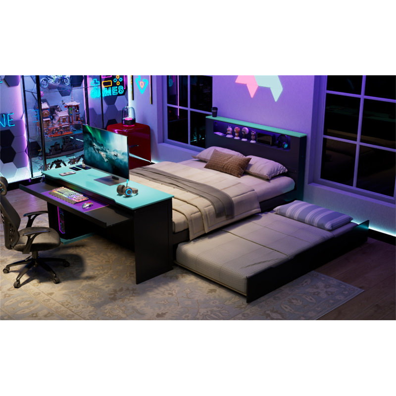Full Size Wood Daybed With Twin Size Trundle,Desk,LED Light And USB, Black/Blue