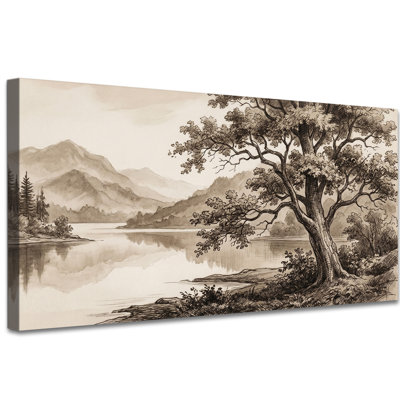 Vintage Landscape Wall Art, Sepia Nature-Inspired Canvas Wall Decor for Living Room or Bedroom, Tranquil Lake and Tree Rural Picture Artwork Gallery Wrapped, Ready to Hang, 12x24 Inches
