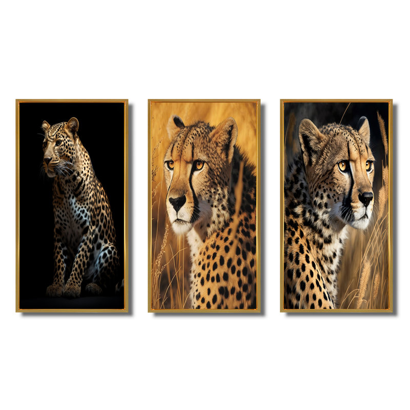 "Superbe portrait de léopard sauvage", 3 pièces sur toile, Cadre flottant doré, H 40 po x l 60 po