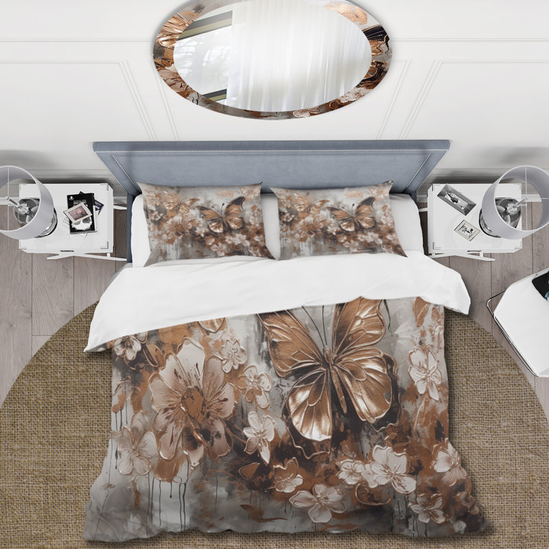 Ensemble de housse de couette rose et or papillon, Housse de couette pour grand lit et 2 taies décor