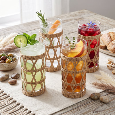 4-Piece Rattan Drinking Highball Glasses Set