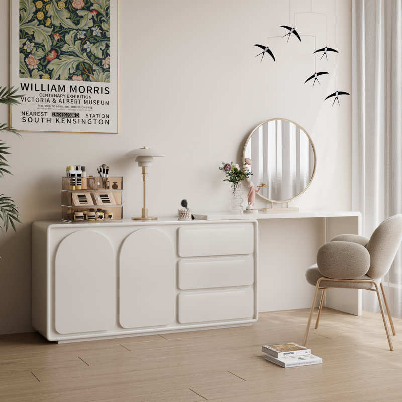 Ensemble de bureau en L moderne entièrement assemblé avec tiroirs et rangement, Crème