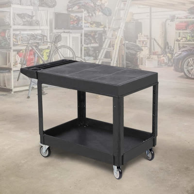 Chariot de service en plastique robuste de 550 lb avec plateau pivotant à 360 ° et poignées de rangement ergonomiques pour l'entrepôt et le garage