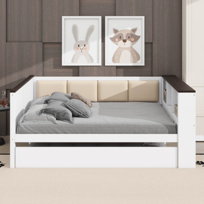 Full-Size Daybed With Storage Shelves, Upholstered Backrest, USB Port, And Trundle Bed