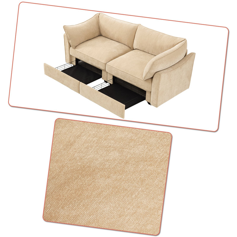 Canapé en chenille rembourré avec tiroirs sous le siège, Blé