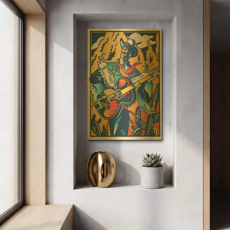 «Singing Cowboy» par David Chestnutt, art mural en métal doré, 12 po x 16 po, 12 po x 16 po