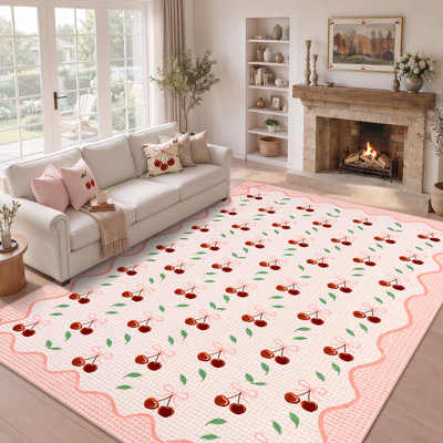 Tapis lavable à bordure festonnée cerise douce, joli tapis de décoration intérieure à garniture d'arc pour le salon, la chambre à coucher et la chambre de bébé