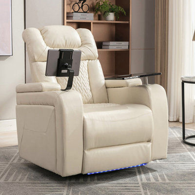270 Degree Swivel PU Leather Power Recliner With Tray Table, Phone Holder, Cup Holders, USB Port, And Hidden Arm Storage For Home Theater