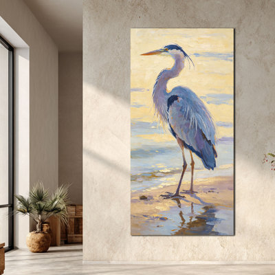 Grand héron bleu vertical, reproduction d'art sur toile, oiseau inspiré de la nature pour le bureau de la chambre à coucher, œuvre d'art sur châssis neutre, prêt à être accroché, 28 po x 58 po