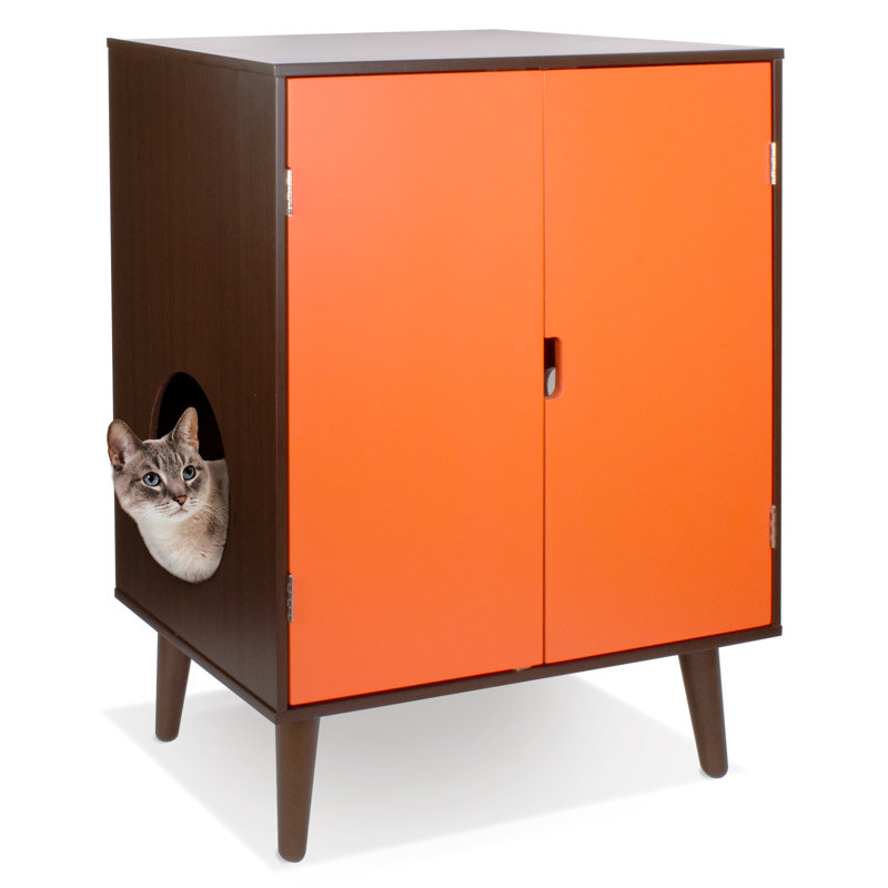Mid-Century Modern Brown and Orange Engineered Wood Cat Litter Cabinet