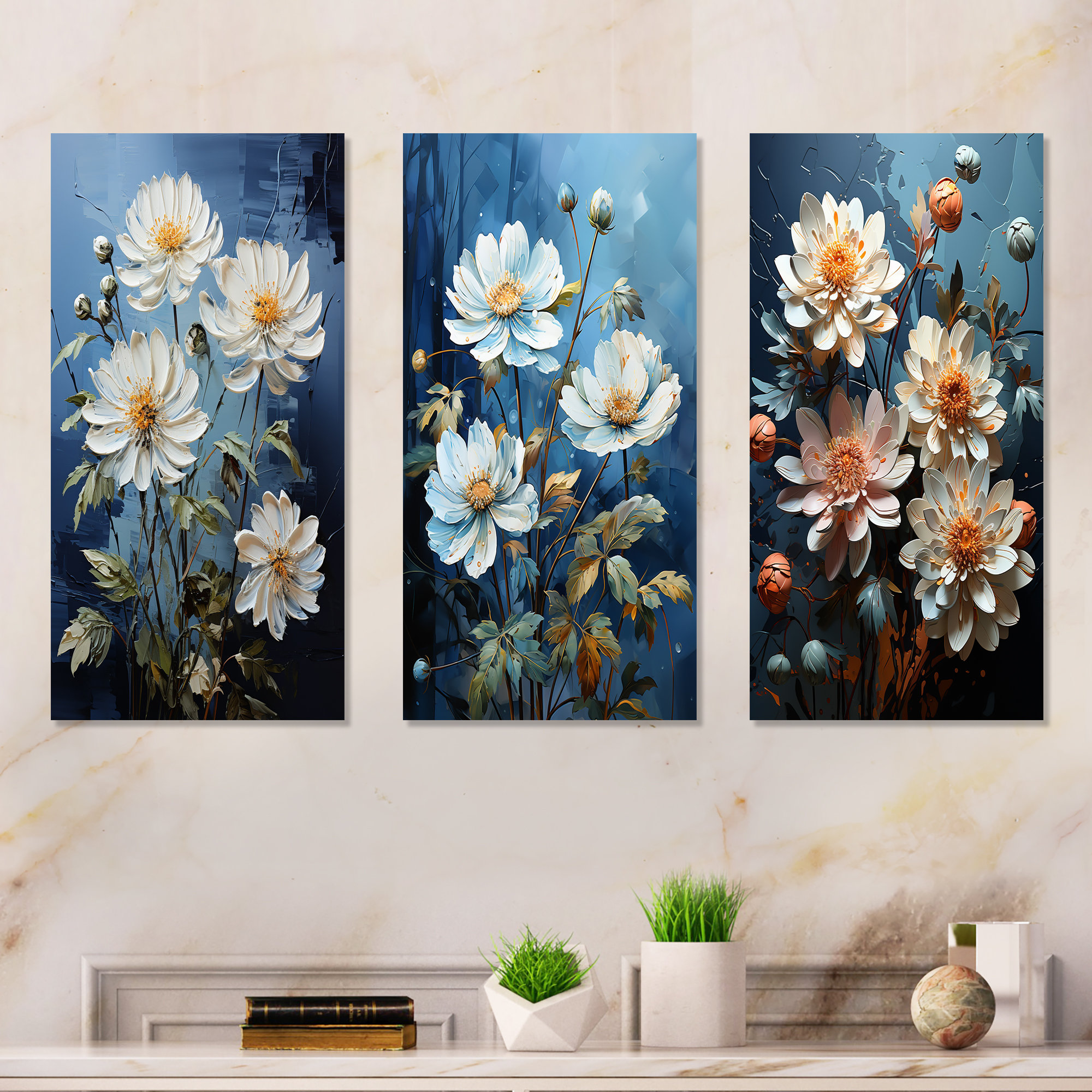 House of Hampton® White Blue Moonlit Zinnias Blooms Zinnias Wall Art
