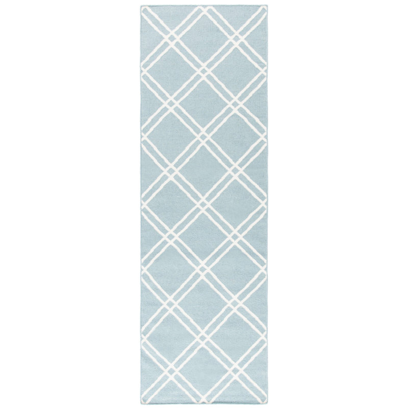 Rodgers Hand Woven Flat Weave Wool/Cotton Geometric Rug in Blue, Runner 2'6" x 8'